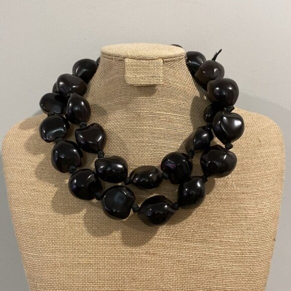 Dark brown large beads with ribbon tie necklace AB - Picture 3 of 7